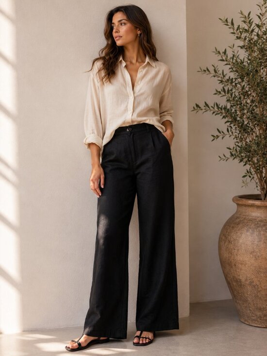 Emporio Armani Pants - Emporio Armani Black Linen Blend Wide Leg Trousers High Rise Relaxed Fit